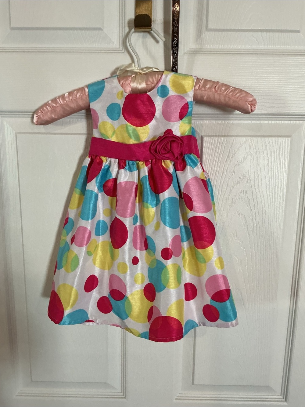 Girls' Multicolor Polka Dot Party Dress with Pink Sash